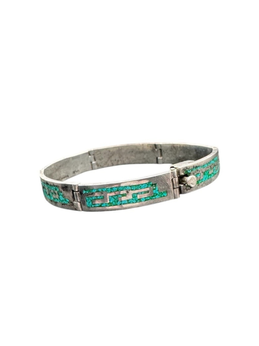 Vtg. Los Castillo Taxco Sterling Silver Turquoise Inlay 7.0” Bracelet TC-45 27g
